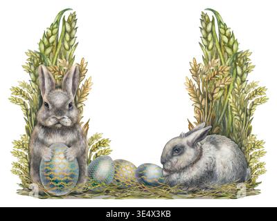 Gray fluffy rabbits, hay, Easter eggs in watercolor pastoral composition. Soft tones and botanical details of this watercolor template create a warm, Stock Photo