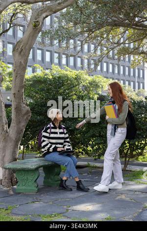 Diverse female students sitting on campus bench using laptop, holding notebooks and backpacks Stock Photo