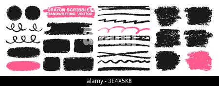 Rough chalk and pencil strokes with swirl lines crayon, scribble abstract squiggles shapes. Hand drawn grunge doodle set. Playful scribble elements dynamic curves sketch texture handwriting background Stock Vector