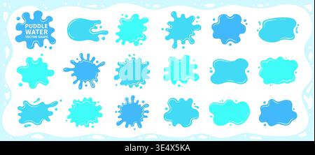 Blue water splatters, soft spills, drips and decorative abstract shapes, flat liquid collection. Liquid shapes and frames wavy edges set. Fluid puddles, splashes, drops, stains rounded organic forms Stock Vector