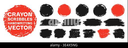 Crayon chalk background set hand drawn strokes, scribbles spots. Rough pencil brush textures and abstract shapes. Grunge edges, playful children sketch style dynamic drawn round box banner for text Stock Vector