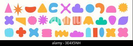 Geometric shape abstract modern organic set. Abstract playful liquid forms modern geometry cartoon style. Diverse wavy different shape figures design groovy stickers Y2K badges futuristic vector Stock Vector