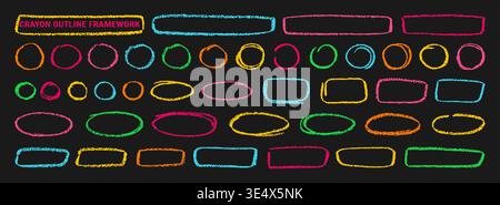 Crayon outline ovals, circles and ellipses set. Pencil hand drawn emphasis elements freehand line art frames. Doodle style chalk sketches rough thin borders round shapes highlights grunge effect frame Stock Vector
