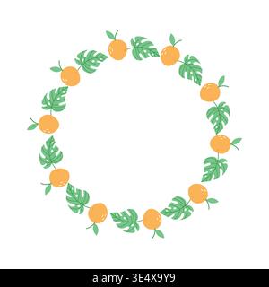 Orange Fruit and Monstera Leaf Wreath Frame Hand Drawn Vector Illustration Citrus Round Border for Tropical Wedding Invitation and Summer Card Design Stock Vector