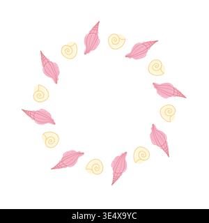 Hand drawn marine wreath with pink and yellow seashells. Creative summer ocean frame for invitation card or social media post. Isolated nautical Stock Vector