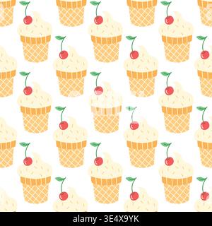 Ice Cream Cone with Cherry Seamless Pattern Cute Pastel Vector Illustration Sweet Dessert Surface Design for Baby Textile and Food Packaging Stock Vector