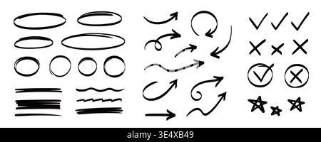 Arrow, circle, underline marker hand pen set. Arrow line marker hand drawn brush pencil sketch. Doodle check, cross, star oval round icon sign symbol texture rough. Vector illustration Stock Vector