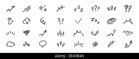 Line element movement hand drawn set. Line doodle sketch hand drawn movement effect icon pencil brush chalk stroke. Cute comic manga emoji emotion stars sparkle heart expression. Vector illustration Stock Vector