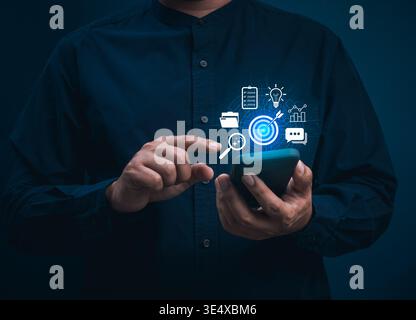AI business concept with data-driven strategy on smartphone, visualizing analytics dashboard, KPI tracking, performance insights, predictive analysis Stock Photo