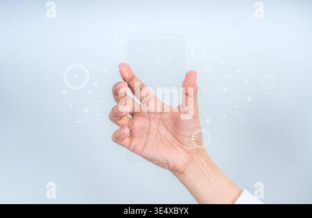 Future phone technology concept with hand interacting with transparent screen, augmented reality interface and digital hologram display. Innovation, s Stock Photo