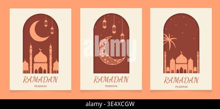 Ramadan greetings with artistic lanterns and crescent designs. Vector illustration Stock Vector