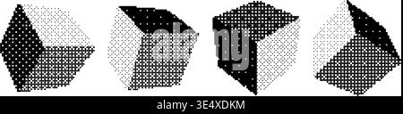 Pixelated cube shape set. Bitmap 3D square form collection. Dither element pack for graphic design, banner, poster, leaflet. Halftone cubes with rasterized effect. Vector pixel Y2K geometric bundle Stock Vector