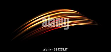 Red yellow light trail element. Glowing neon speed line wave. Hot fire color luminous curved path concept. Abstract bent dynamic motion stripes. Bright fiery streaks for poster, banner, flyer. Vector Stock Vector