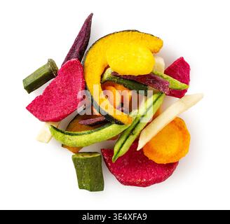 Assorted colorful vegetable chips isolated on white background, Top view Stock Photo