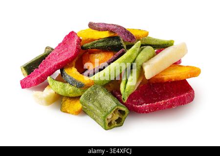 Assorted colorful vegetable chips isolated on white background, horizontal composition Stock Photo