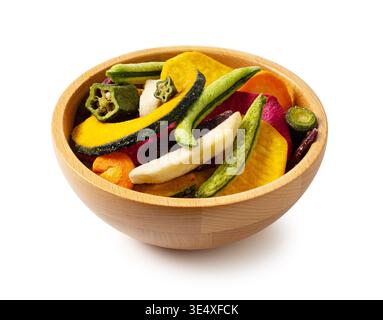 Assorted colorful vegetable chips isolated on white background, heap of healthy snacks Stock Photo