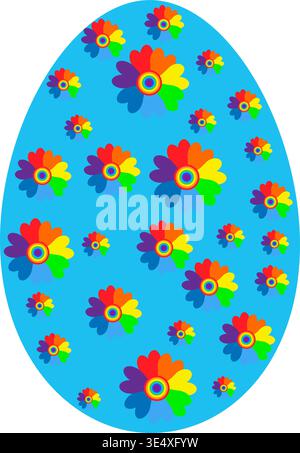 Colorful Easter egg vector isolated on transparent background. Blue egg with rainbow flower pattern in pop art style. Vibrant spring holiday design el Stock Vector
