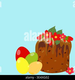 Easter cake with chocolate glaze and colorful eggs vector illustration on transparent background. Traditional pascha bread with red flowers and wheat Stock Vector