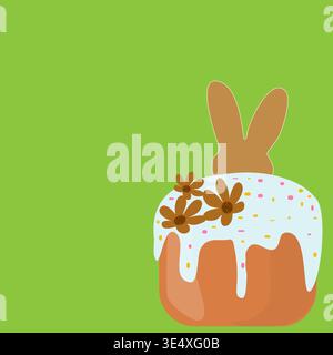 Easter cake with bunny ears vector illustration on green background. Traditional pascha bread with white glaze and chocolate flowers. Festive greeting Stock Vector