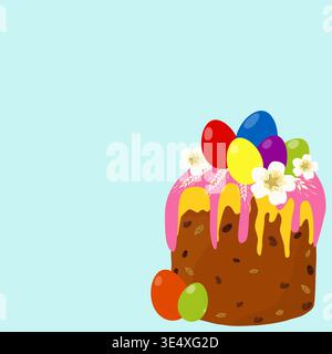 Easter cake with pink and yellow glaze vector illustration on transparent background. Traditional pascha bread with colorful eggs and white flowers Stock Vector