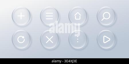 Set Glass ui frame with button icon liquid for effect box web. Frosted white search with glass screen forward for bar app 3d. Dashboard card glass Stock Vector