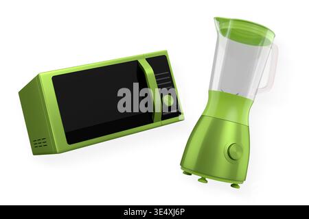 Sleek microwave oven and blender in metallic design, isolated on white background, concept of kitchen appliances. Stock Photo
