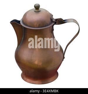 Antique copper coffee pot on isolated white background. Vintage metal kettle for brewing hot beverage. Traditional kitchenware utensil for brewing cof Stock Photo