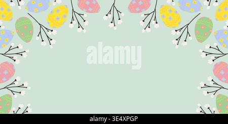 Top Frame border made of Easter Eggs and blooming twigs Copy space Template Banner Format Minimalist. Vector illustration Easter Holidays Greeting or Media post decor, promo banner leaflet, label, tag Stock Vector
