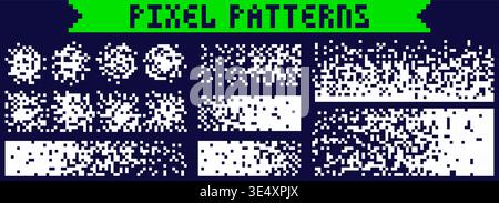 Pixel art white patterns. Random scattered backgrounds. Stock Vector