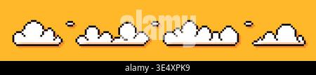 Four pixel game art white clouds on yellow background. Stock Vector