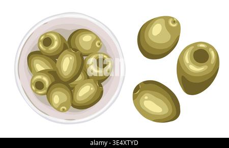 Olive set vector doodle illustration. Italian food cartoon drawing in ceramic bowl top view and three fruit. Use for cafe menu and restaurant template. Isolated drawing for organic product design. Stock Vector