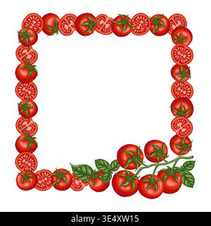 Tomato cherry branch with basil leaf square frame vector food illustration. Hand drawn cartoon drawing. Organic fresh ingredient for restaurant menu design. Perfect for product packaging template. Stock Vector