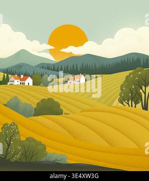 Fields Rolling Hills Farm Landscape Background Stock Vector