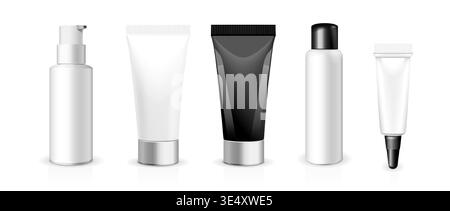Vector realistic Tubes Package. Packing White Cosmetics Or Medicines Design elemants. Blank 3D beauty product mockups, Lip tube, skincare templates Stock Vector