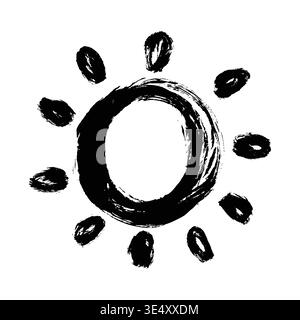 Grunge Brush Painted Sun Icon. Hand drawn doodle summer symbol, dry ink paintbrush texture. Vector scribble marker sun element Stock Vector