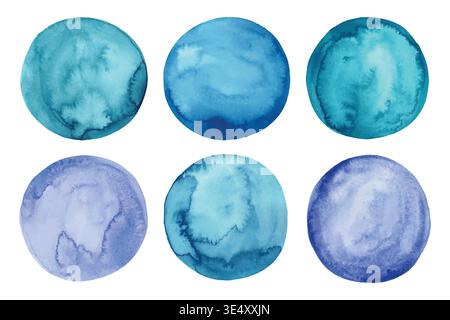 Watercolor Hand Painted Circles Set. Blue circle aquarelle blobs isolated on white background. Watercolour paint blue round stains collection. Stock Vector