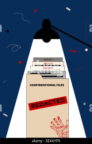 Investigation Confidential Files Folder with Redacted Stamp and Broken Chain, vector illustration Stock Vector