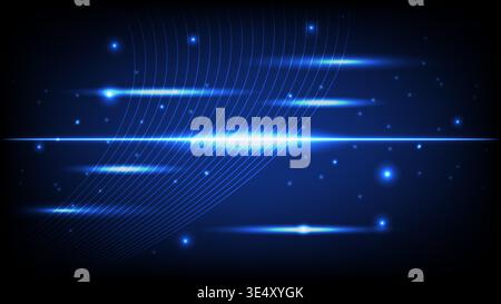 Futuristic digital background featuring blue glowing light streaks, curved lines and sparkling particles Stock Vector
