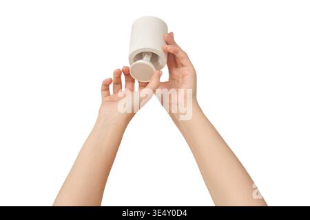 Hands installing or replacing a ceiling light fixture. Home lighting and interior maintenance concept. isolated on white background. Stock Photo