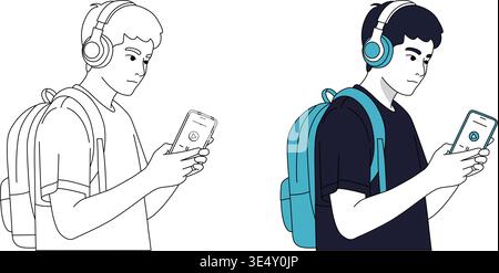 Student Using Smartphone with Headphones Modern Digital Lifestyle Technology Concept Vector Illustration Stock Vector
