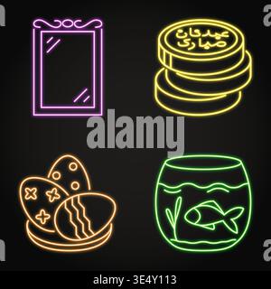Attributes of Nowruz holiday neon icon set. Mirror, painted eggs, golden coins and fishbowl symbols. Vector illustration. Stock Vector