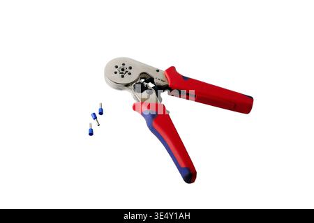 Crimping pliers for wire terminals. Close-up. Isolated on white background. Stock Photo