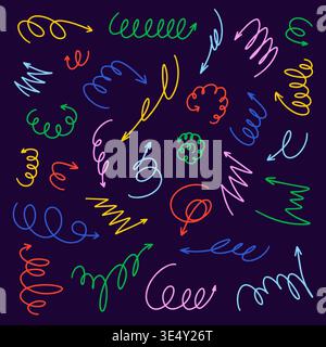 Curly arrows collection. Colorful thin line curved doodle arrow Stock Vector