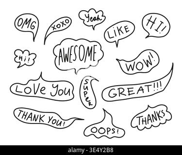 Doodle speech bubbles with simple phrases. Cloud textbox Stock Vector