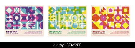 Abstract geometric shapes pattern risograph style with grain texture Stock Vector