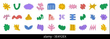 Abstract shapes set. Doodle colorful brutalist forms with black pattern Stock Vector
