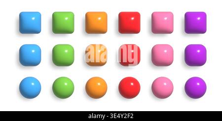 Colorful 3d buttons collection. UI UX design elements set. Realistic glossy squared and rounded badges. Stock Vector