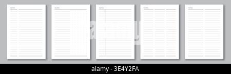 Notebook paper collection. A4 format sheets with lines and dots. Notes template Stock Vector