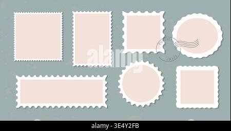 Postage stamp blank vector template collection. Mockup letter elements for postal correspondence design. Perforated edges rectangular, square circulal Stock Vector