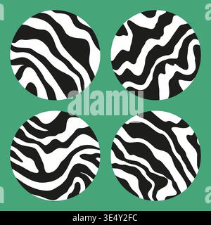 Trendy monochrome background collection. Simple wavy pattern set with black and white lines. Doodle Zebra print Stock Vector